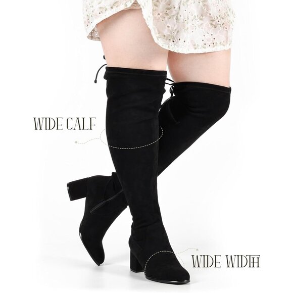 Women Black Faux Suede Chunky ​​Block Heel Round Toe Fall Side Zipper Boots - Picture 2 of 6